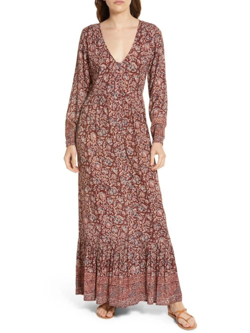 Faherty Toluca Women's V-Neck Long Sleeve Tiered Maxi Dress Merlot Floral Size M